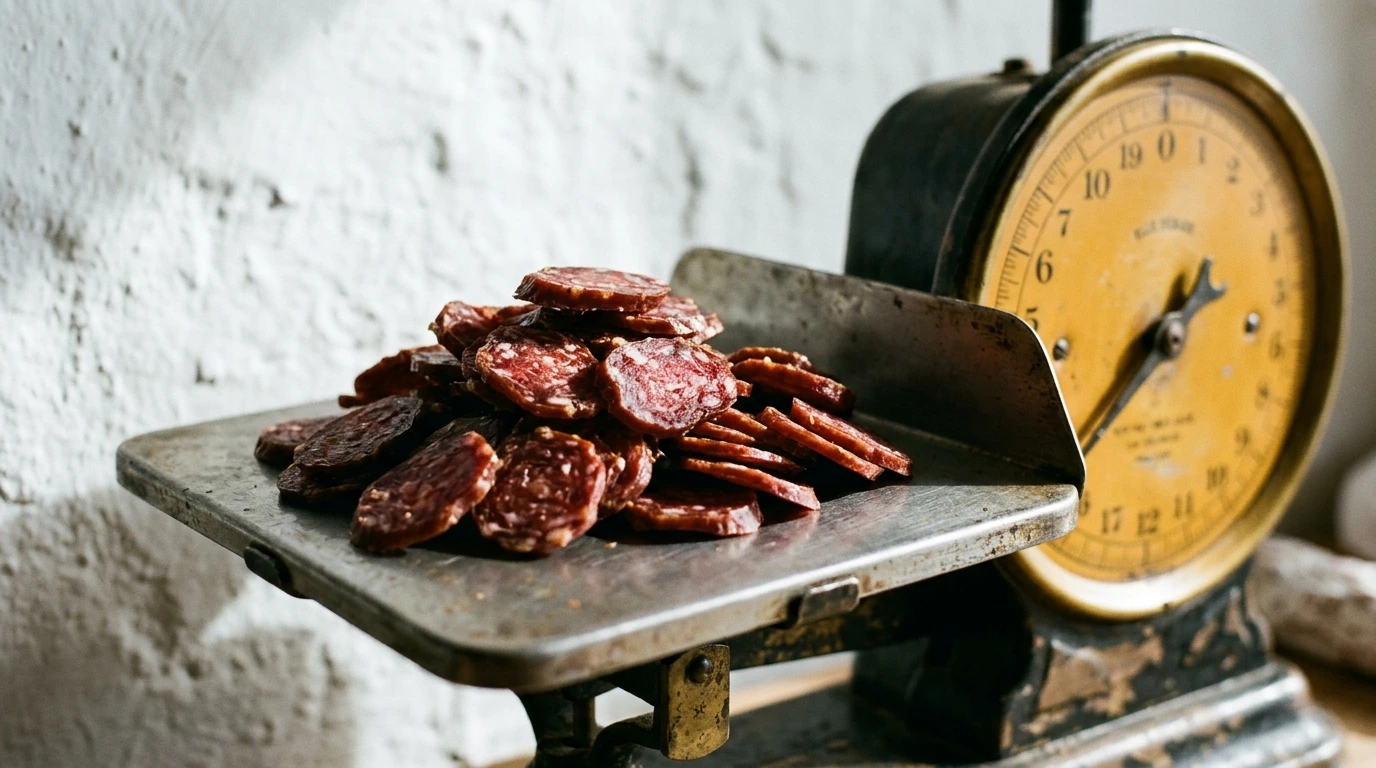 Charcuterie tranchée pesée sur une balance de comptoir
