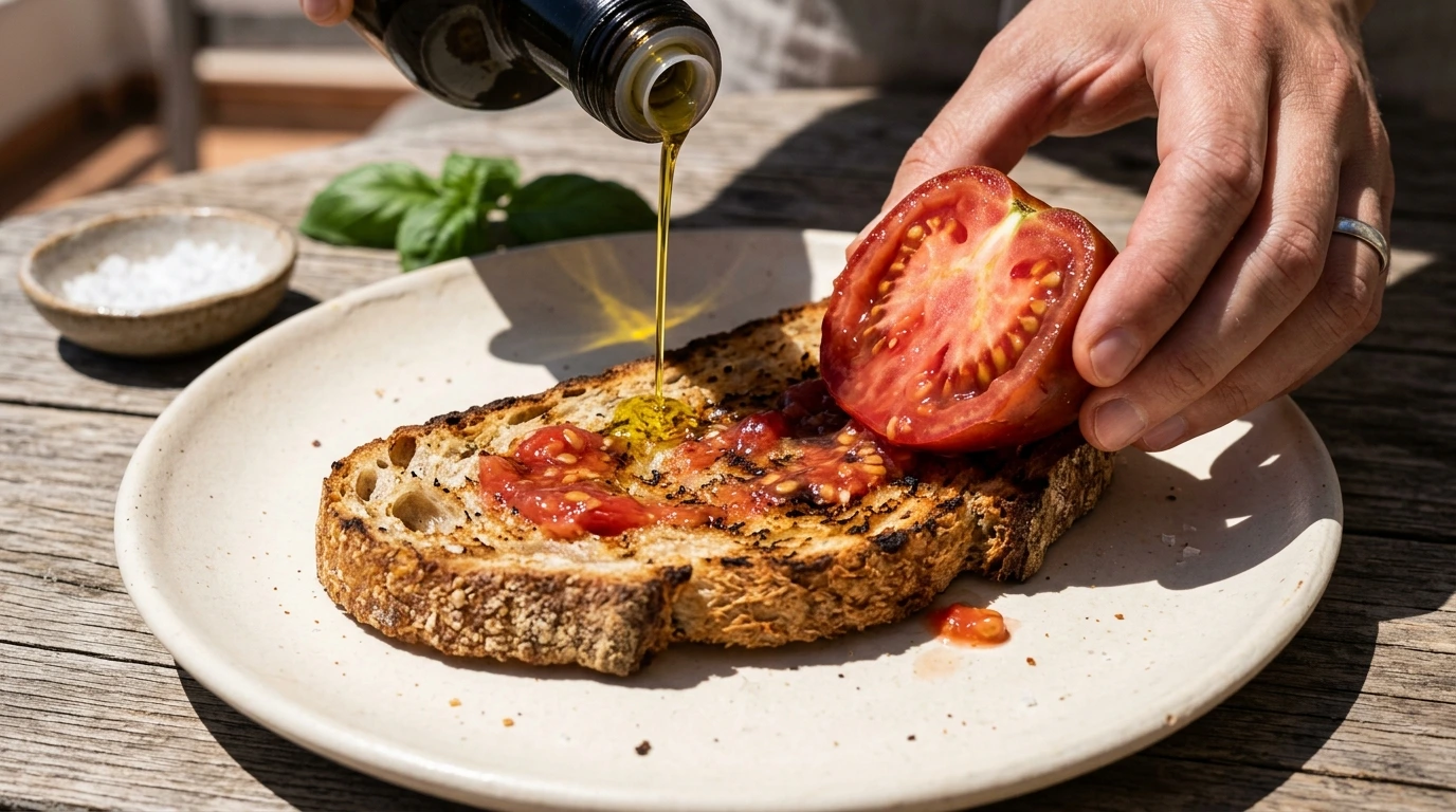Pain grillé frotté à la tomate mûre, huile d’olive versée dessus