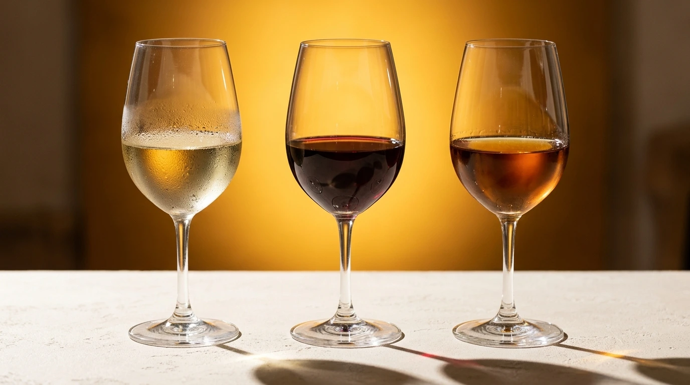 Trois verres de vin catalan alignés, du blanc sec au rancio