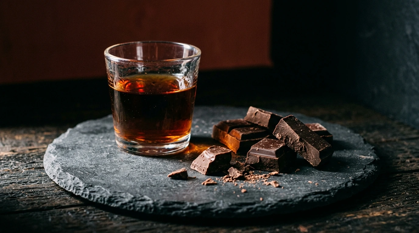 Verre de vin doux et carrés de chocolat noir sur une ardoise