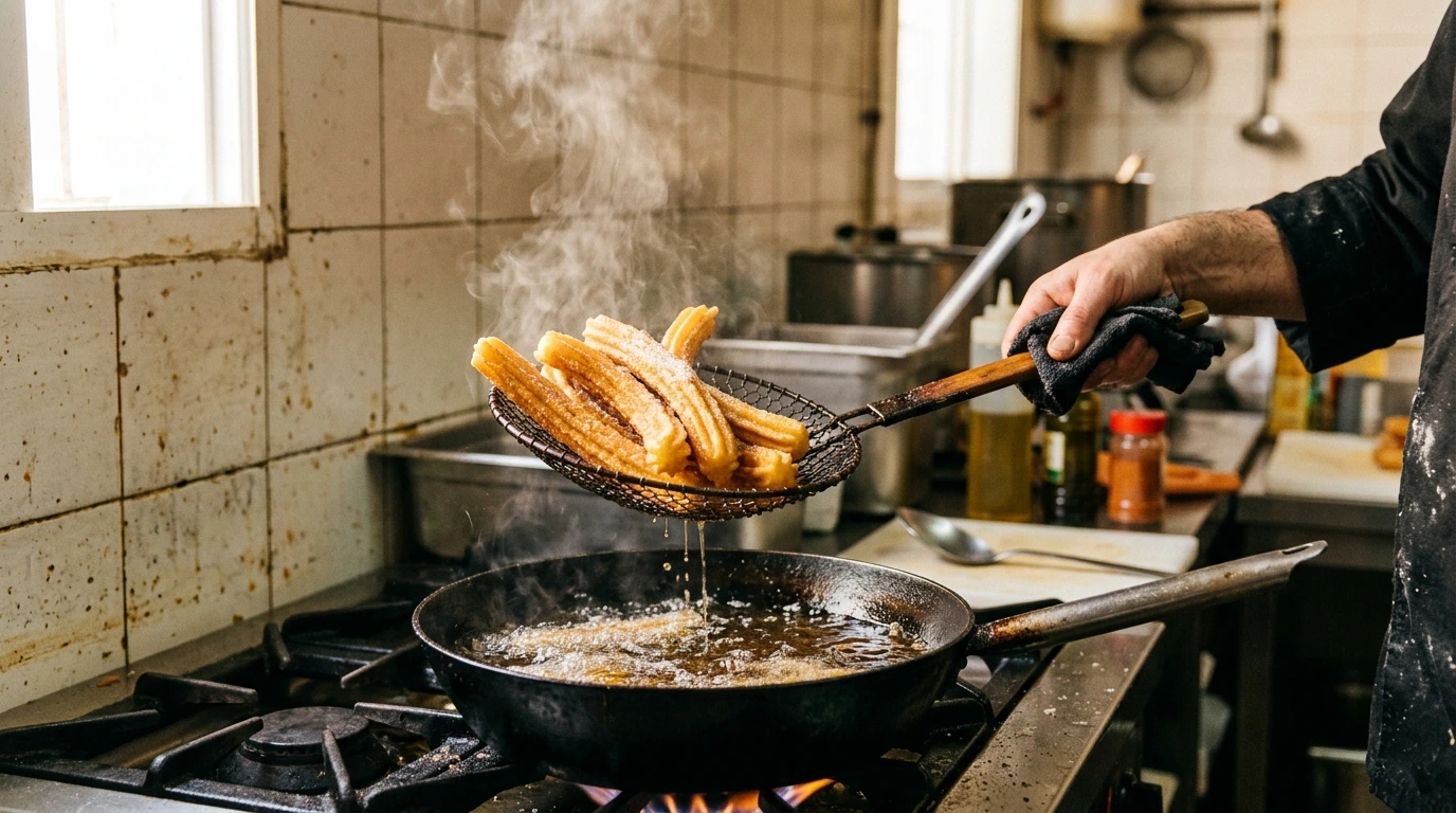 Churros sortant de l’huile chaude, égouttés sur une grille