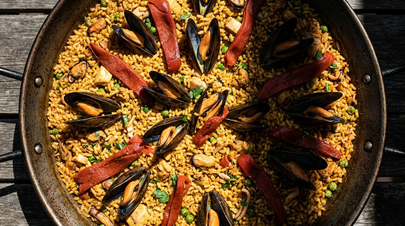 Paella généreuse au riz doré et coquillages